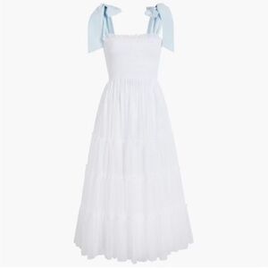 Hill House Ellie Tulle Nap Dress white with blue ribbon straps. 1X wear like new